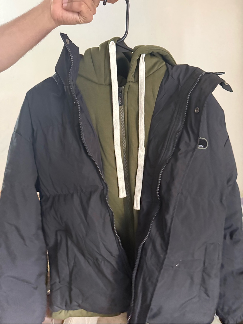 Men's Black Puffer Jacket with Olive Inner Hoodie Layer